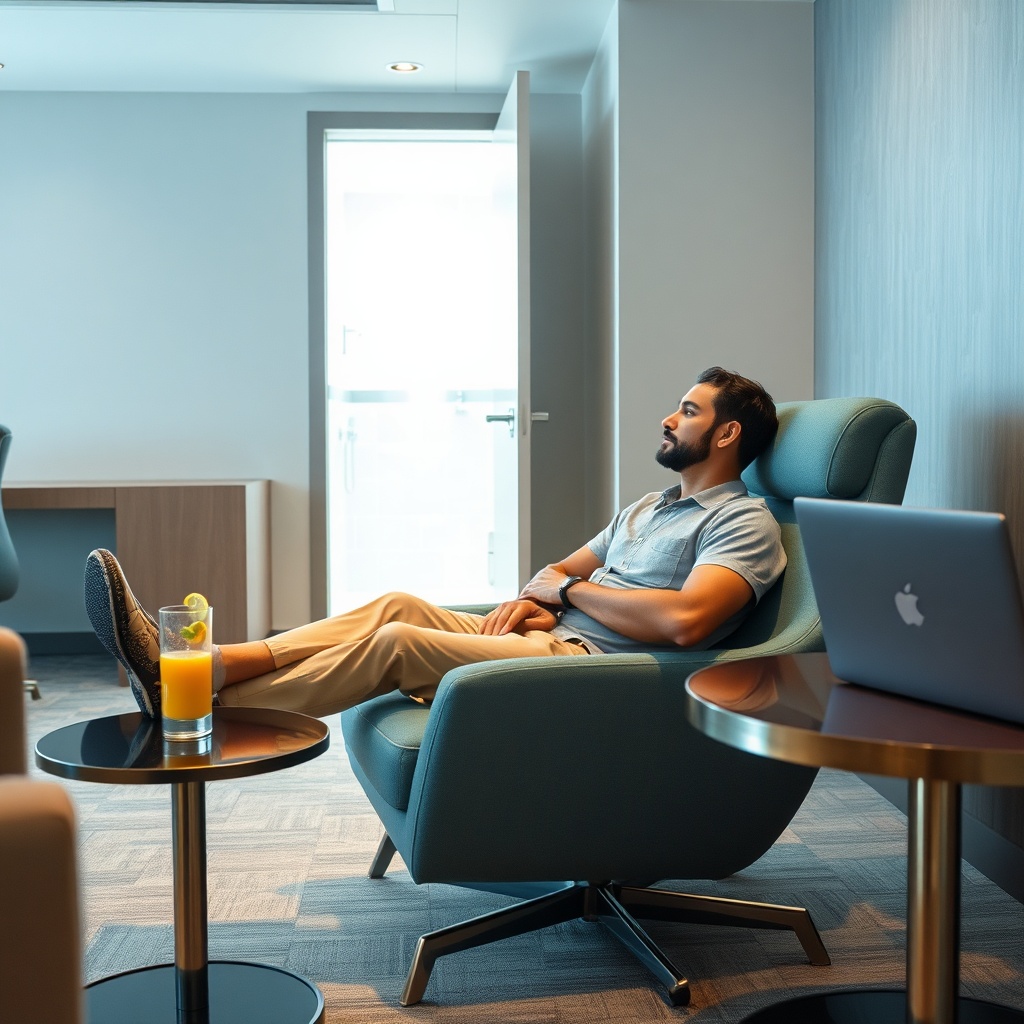 A traveler enjoying a quiet moment in the Marhaba Lounge at Dubai International Airport, one of the best lounges at Dubai International Airport for a short layover with shower facilities.