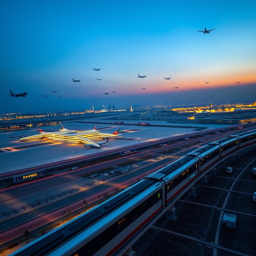 Aerial view of Dubai Airport system highlighting terminals, metro connections, and aircraft activity