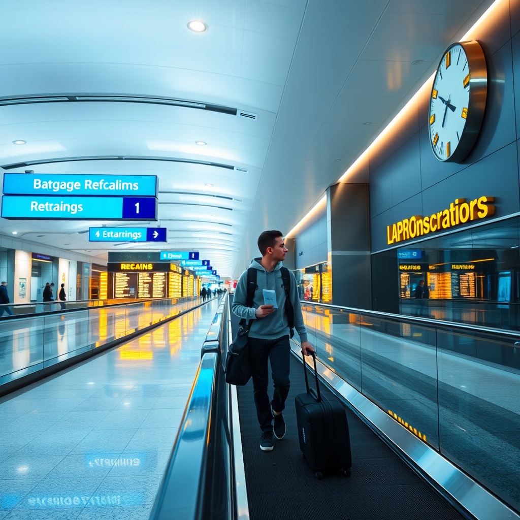 Transit passenger navigating DXB terminal with signs and moving walkway, following a Dubai Airport Checklist for layovers