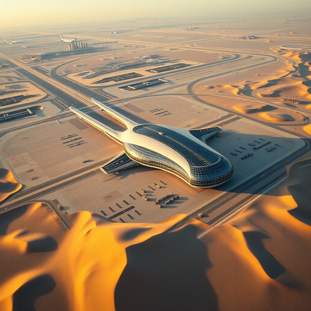 Aerial view of the expansive Al Maktoum International Airport complex in Dubai, showcasing its future mega-hub design and desert surroundings
