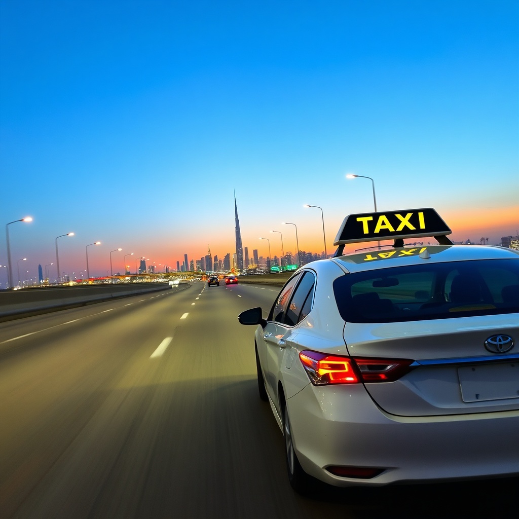 White Dubai taxi driving on highway toward city skyline, a door-to-door option for Dubai Airport to Downtown travel.
