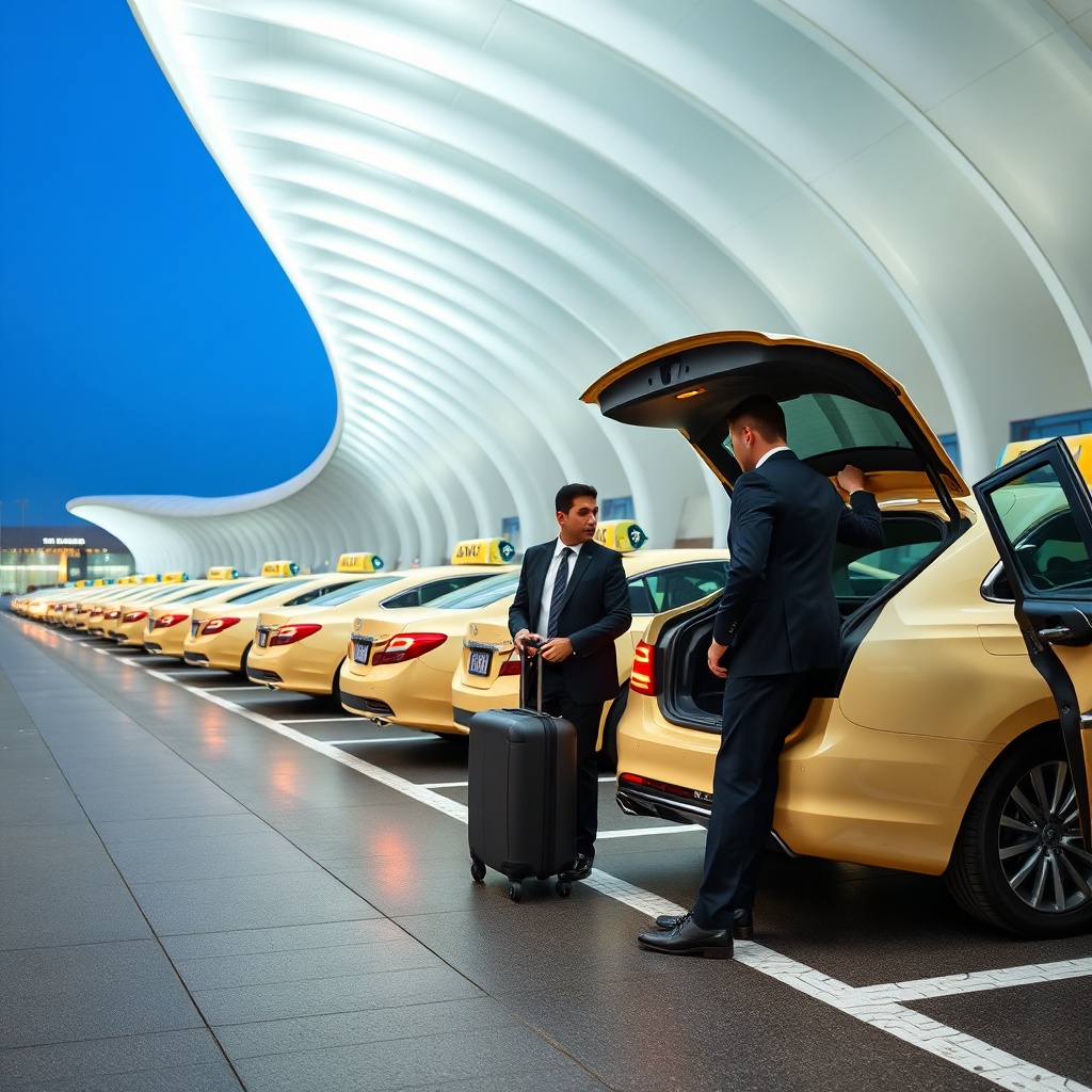 Official cream-colored taxis and private luxury transfer vehicles lined up at the arrivals terminal for convenient Dubai airport transport.