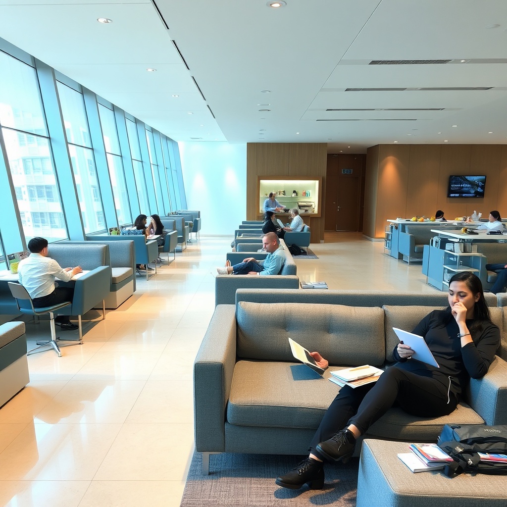 Modern and comfortable Dubai Airport lounge seating area with travelers relaxing, featuring workstations and refreshments, ideal for a quick layover