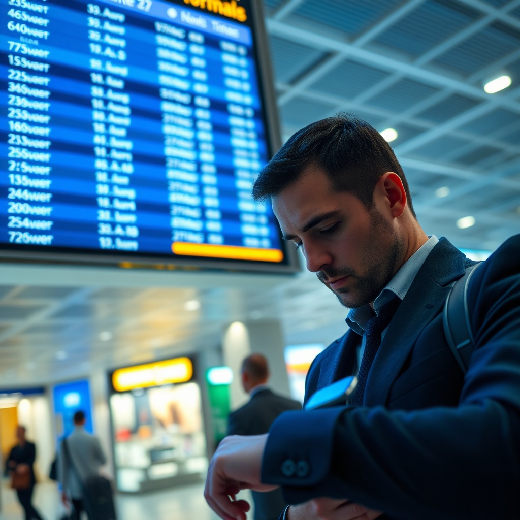 Traveler checking time against flight display for DXB Terminal 3 transfer times, emphasizing the importance of planning connecting flights and meeting minimum connection times.