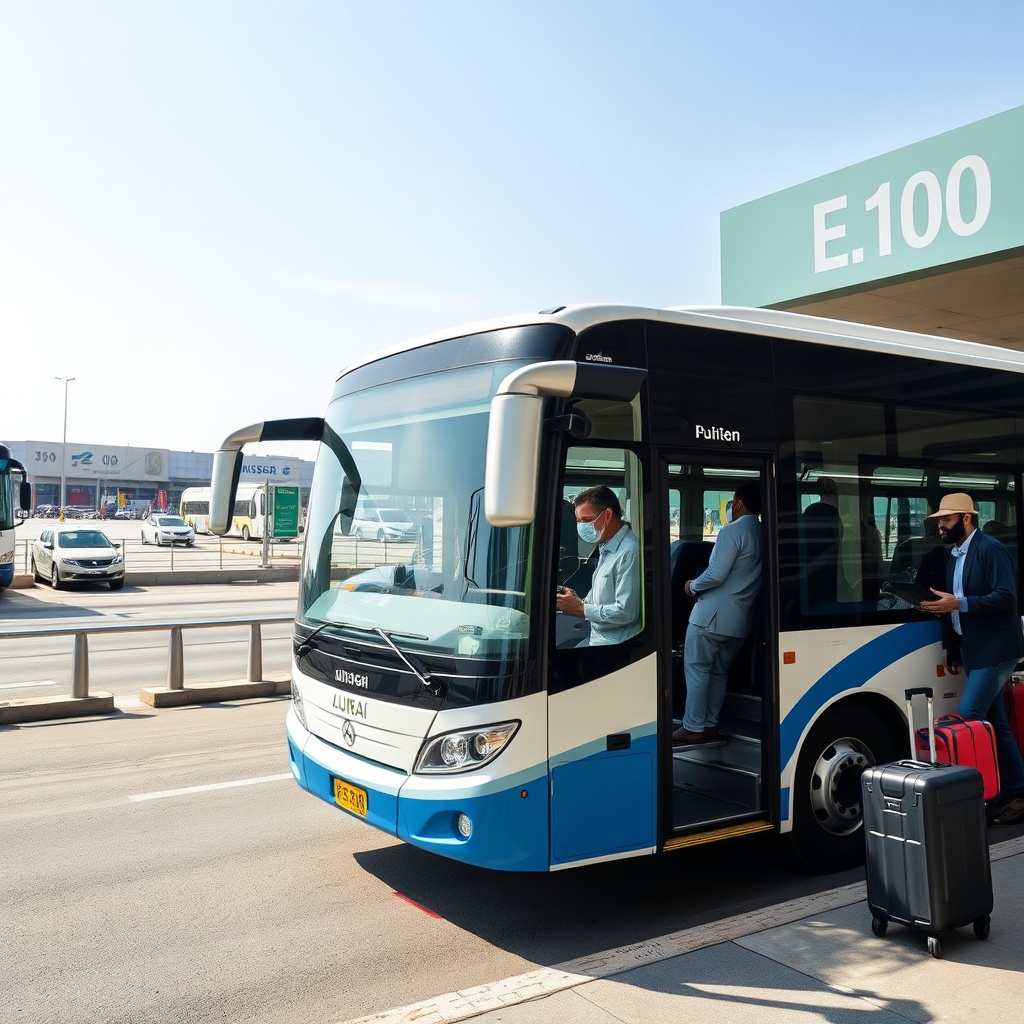 Public bus at Dubai bus terminal providing affordable Dubai Airport to Abu Dhabi transport, with passengers boarding for the intercity journey, representing the cheapest travel option.